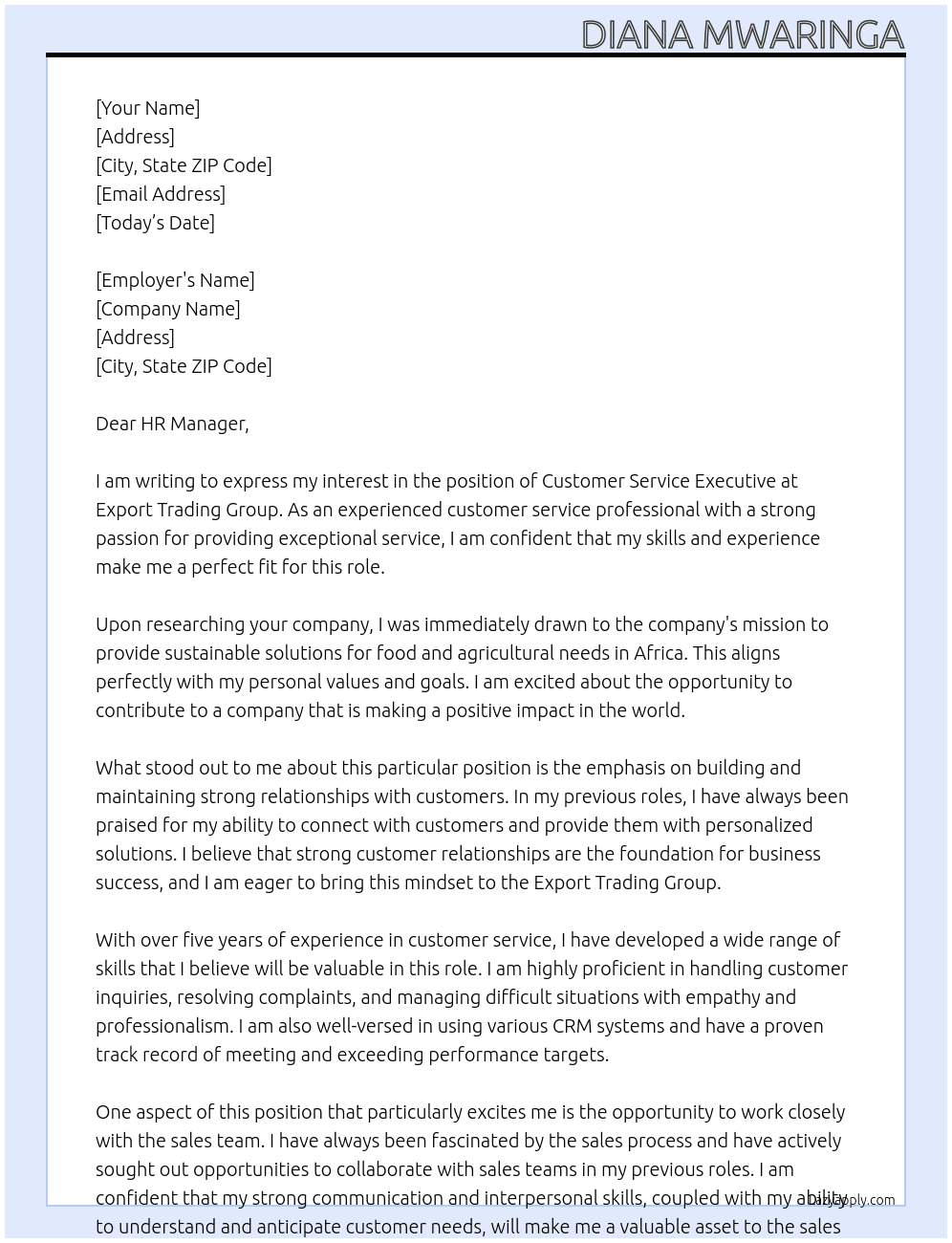 Customer Service Executive At Export Trading Group Cover Letter
