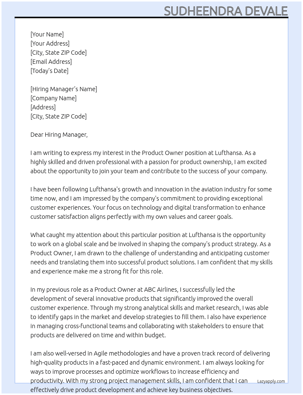 Product Owner At Lufthansa Cover Letter