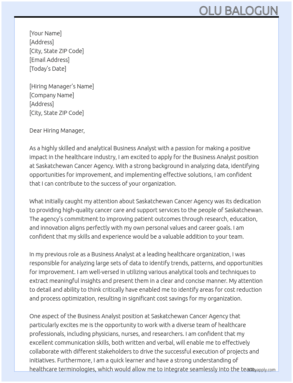 Buisness Analyst At Saskatchewan Cancer Agency Cover Letter