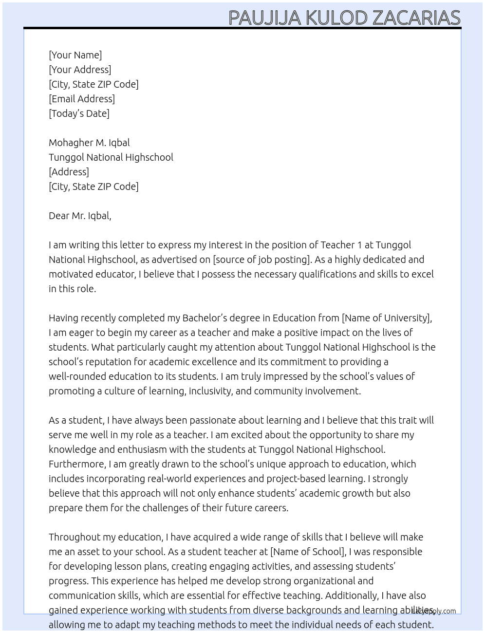 Teacher 1 At TUNGGOL NATIONAL HIGHSCHOOL Cover Letter