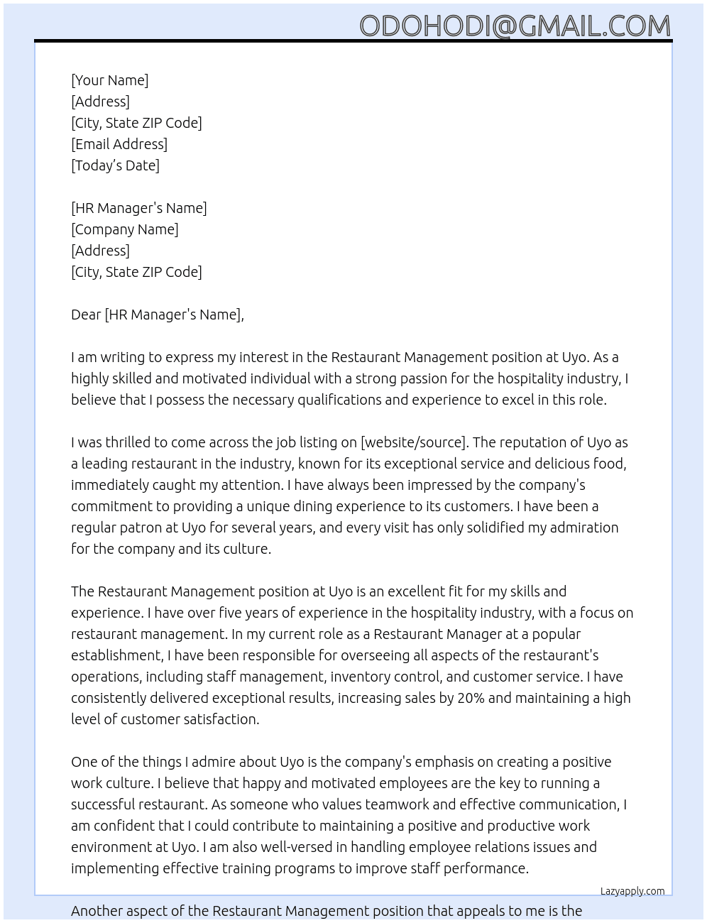 Restaurant Management At Uyo Cover Letter