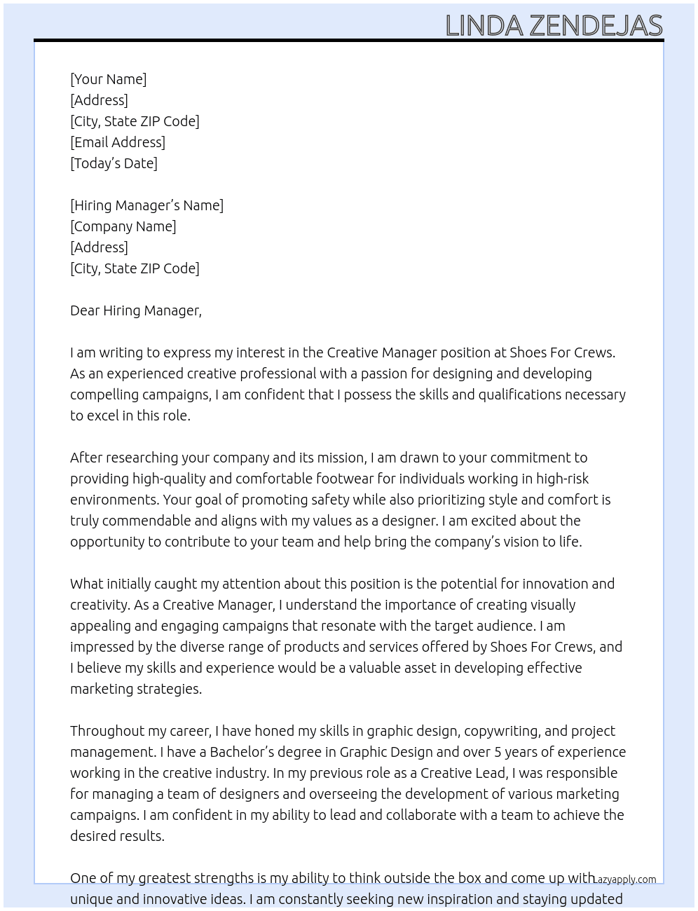 Creative Manager At Shoes For Crews Cover Letter