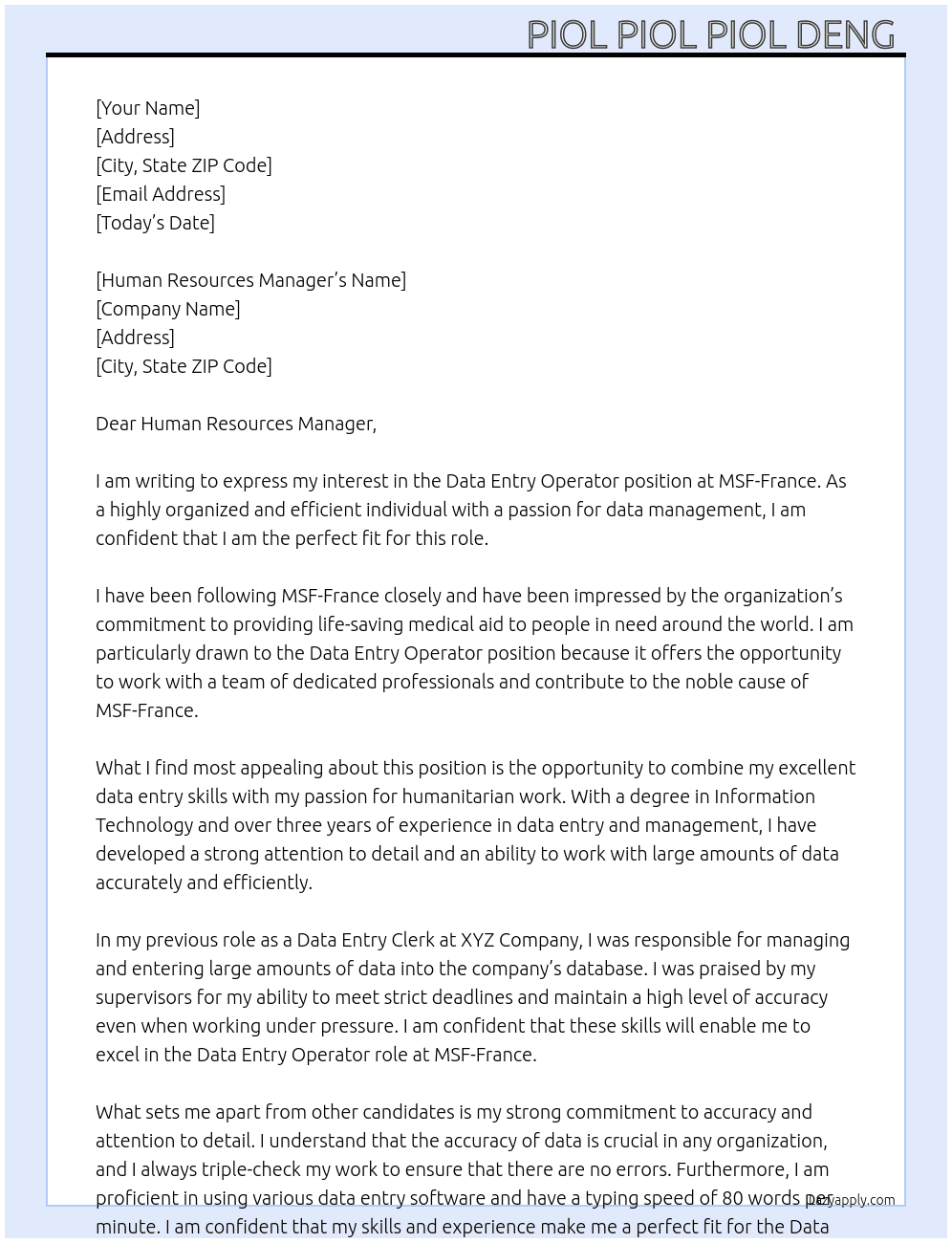 Data Entry Operator  At MSF-France Cover Letter