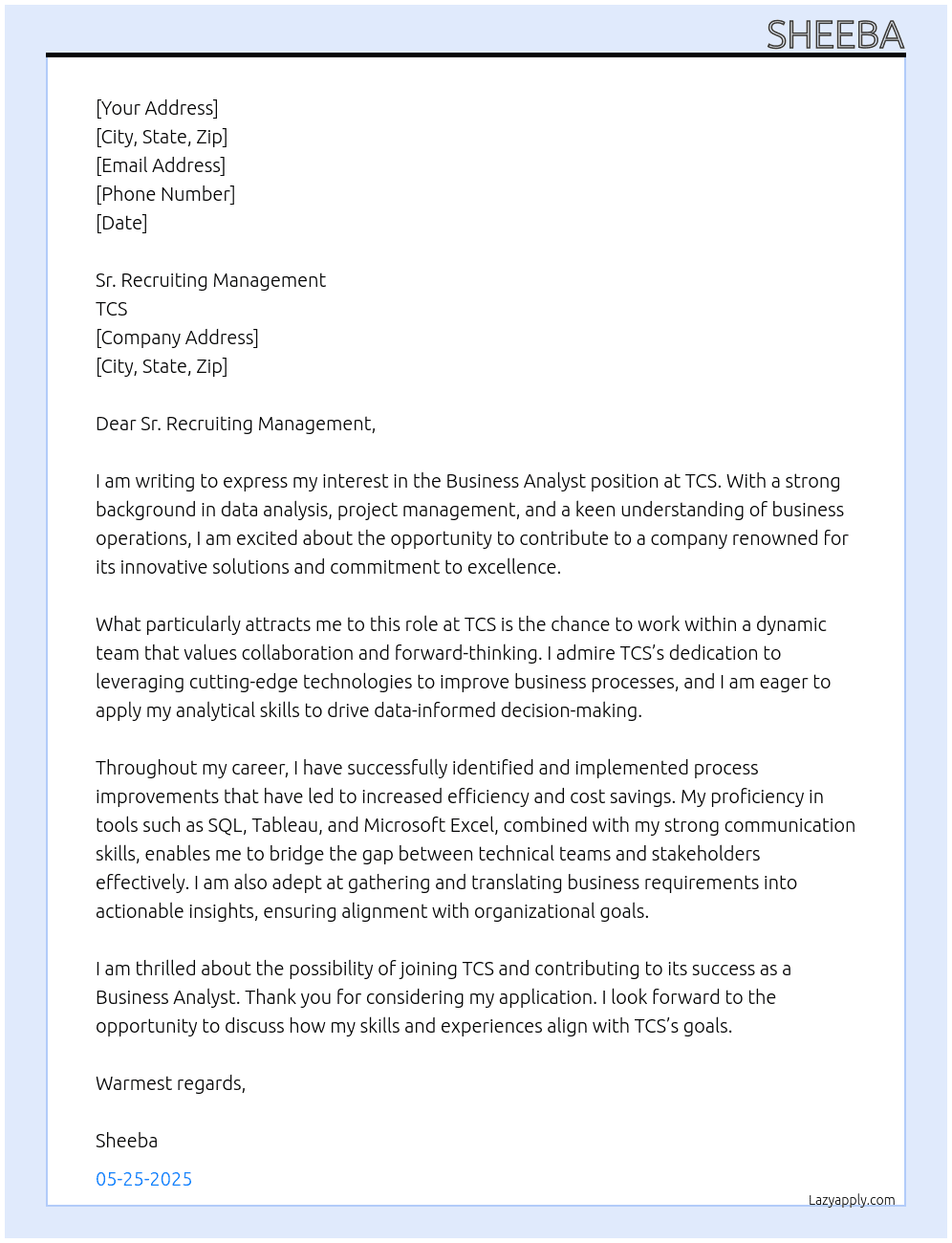 business analyst  At tcs Cover Letter