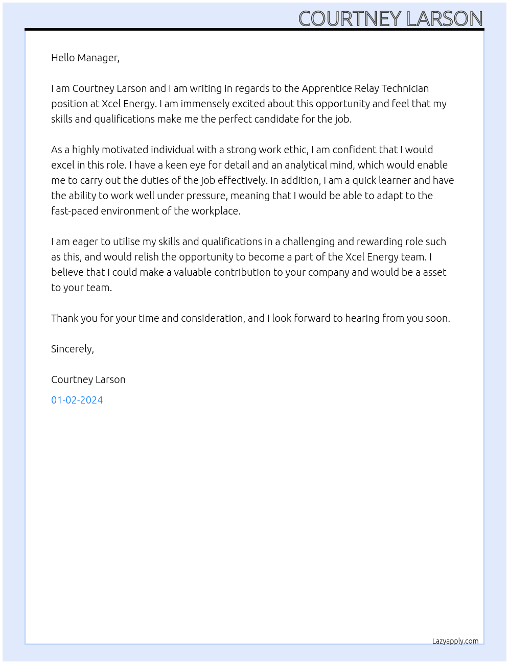 Apprentice Relay Technician At Xcel Energy Cover Letter
