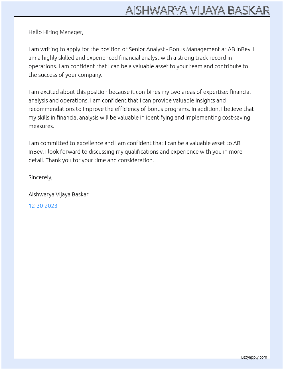 Senior Analyst - Bonus Management  At AB inBev Cover Letter