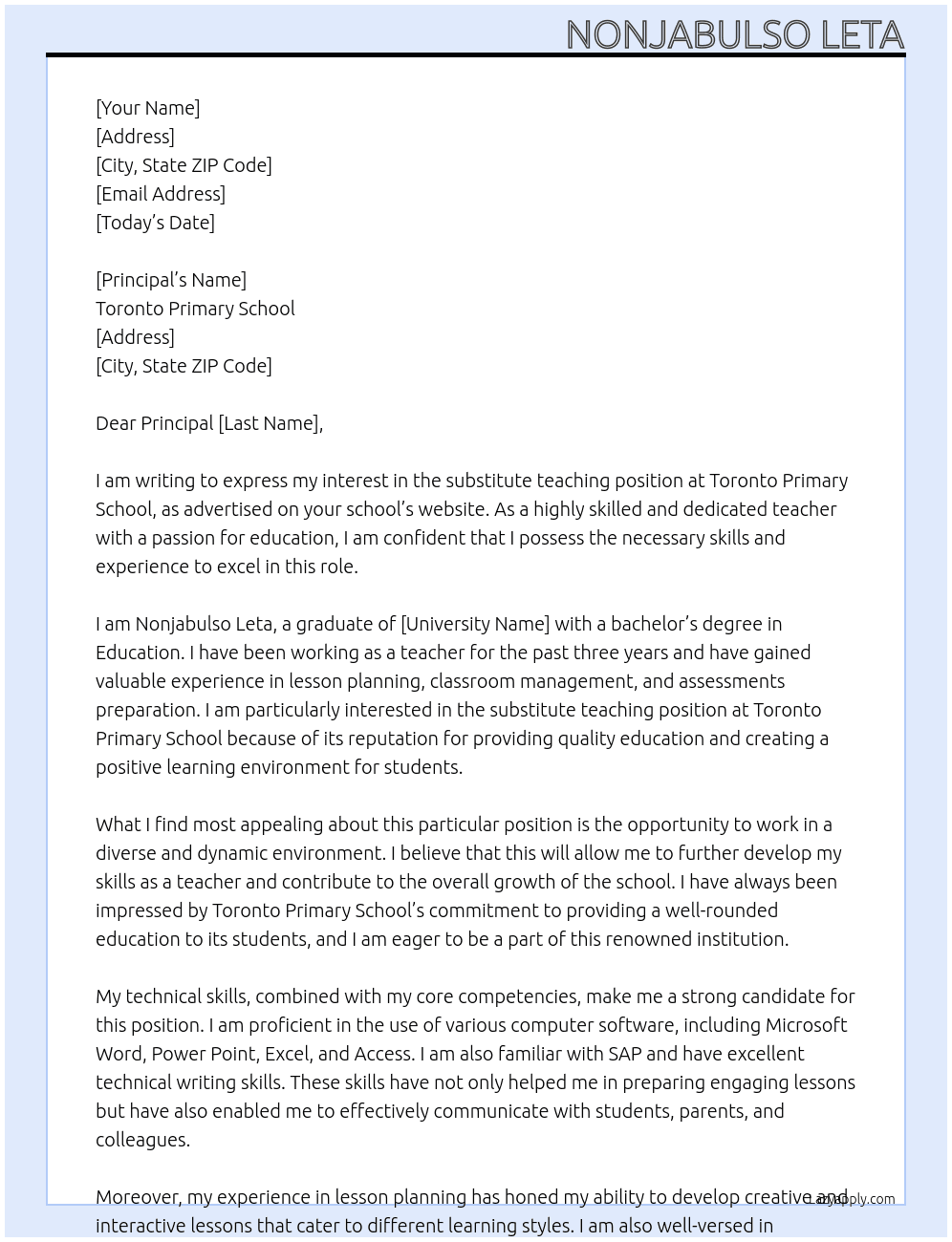 Teacher At Toronto Primary School Cover Letter