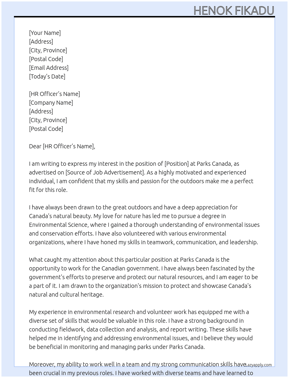 Come work for parks Canada At canadian goverment Cover Letter