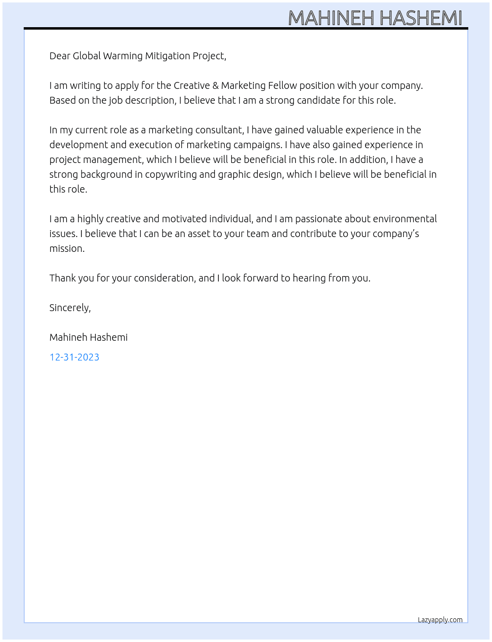 Creative & Marketing Fellow At Global warming mitigation project  Cover Letter