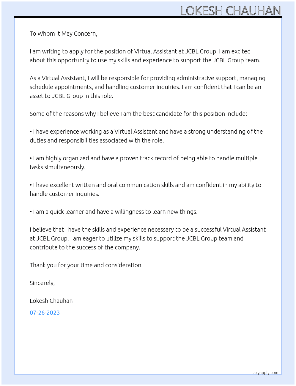 Virtual Assistant  At JCBL Group Cover Letter