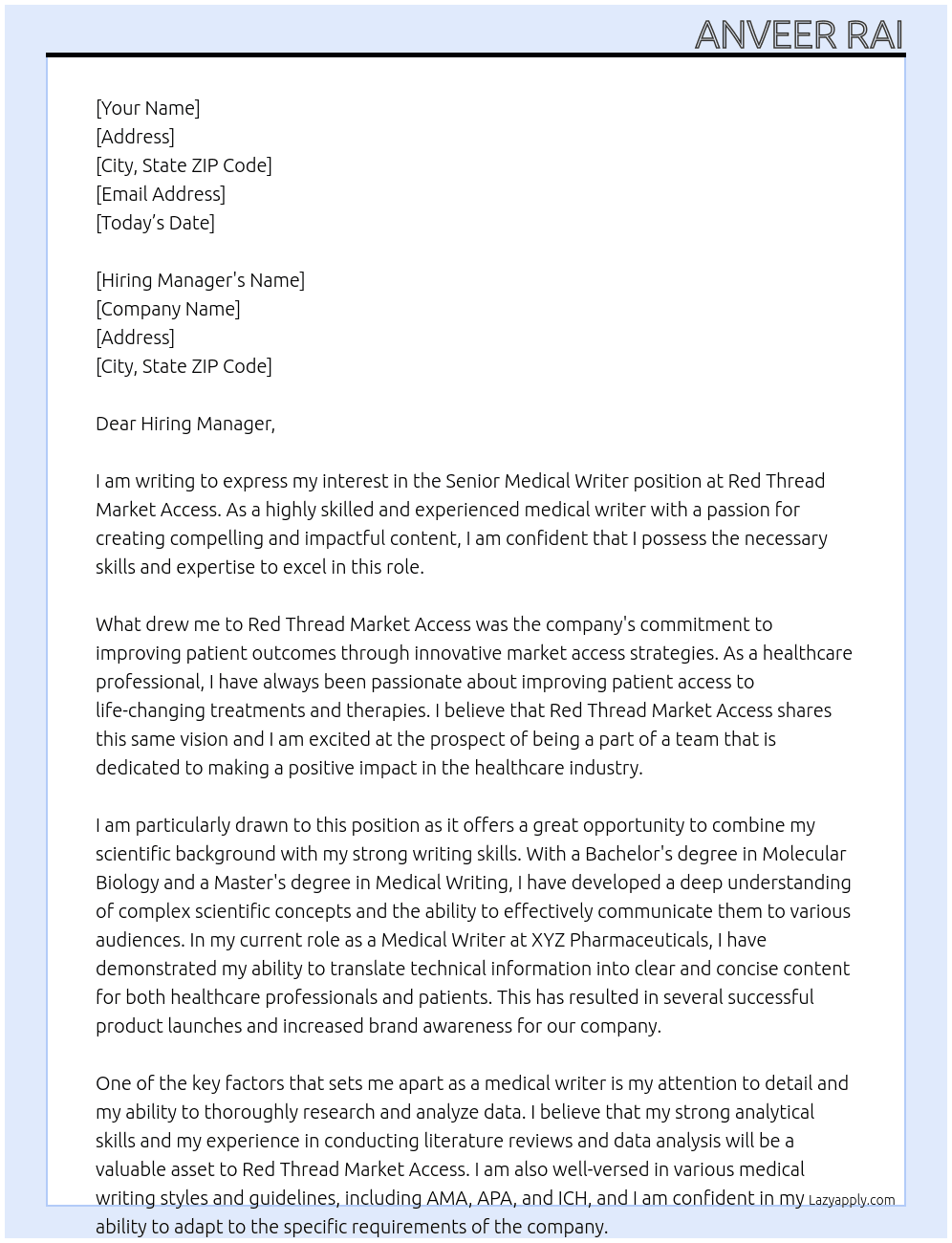 Senior Medical Writer At Red Thread Market Access Cover Letter