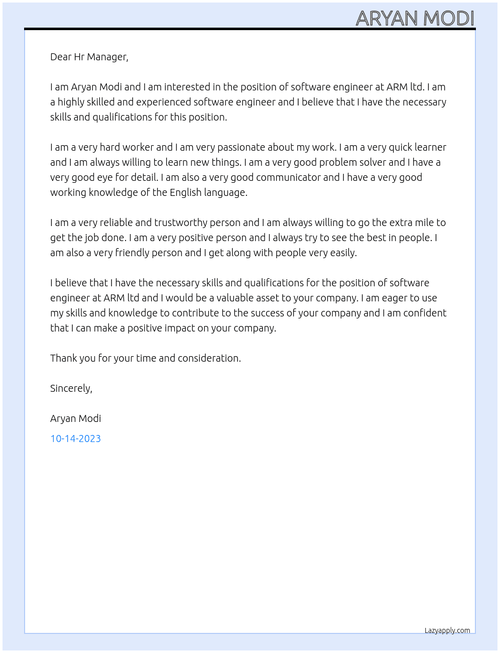 software engineer At ARM ltd. Cover Letter