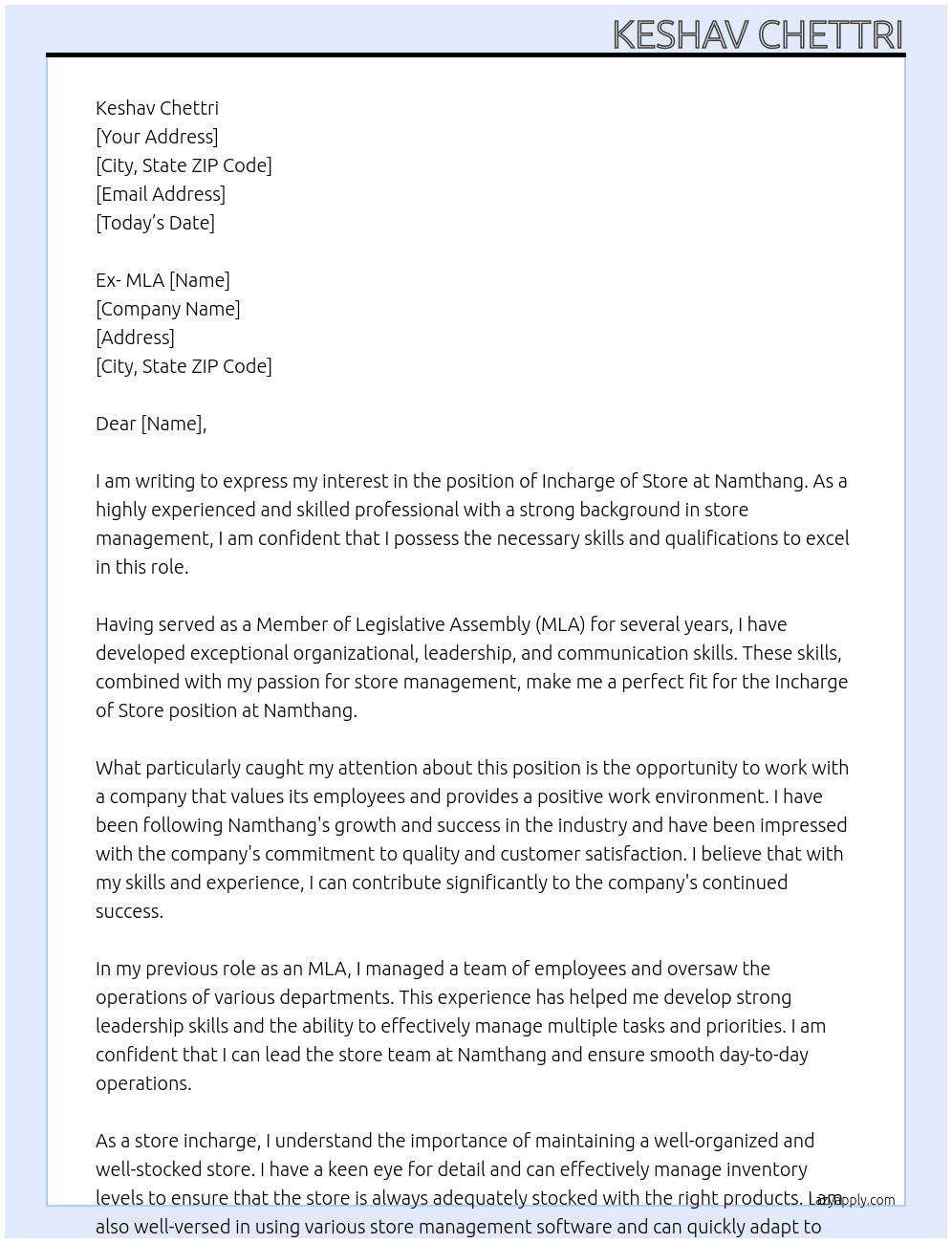 incharge of store At namthang Cover Letter