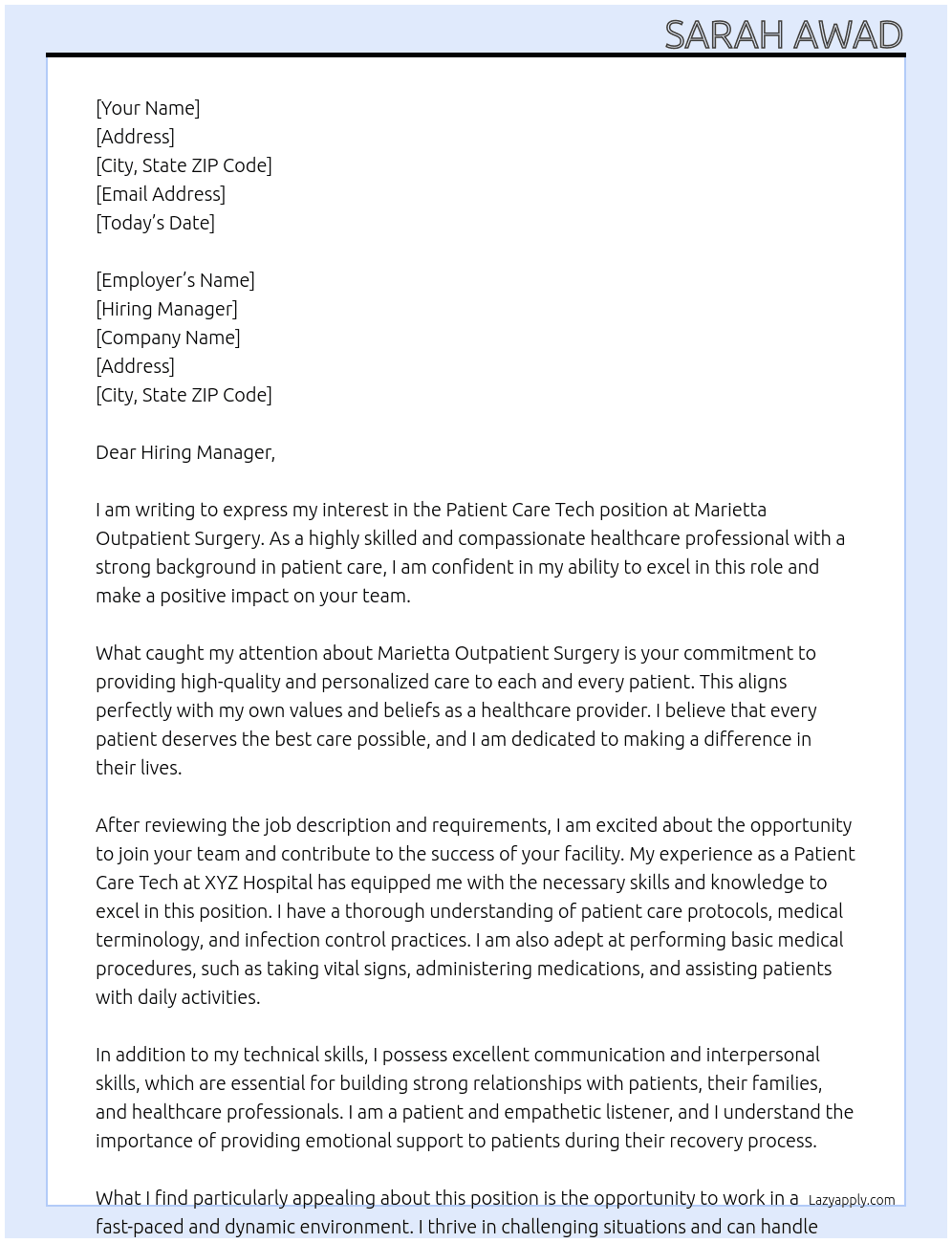 Patient Care Tech At Marietta Outpatient Surgery Cover Letter