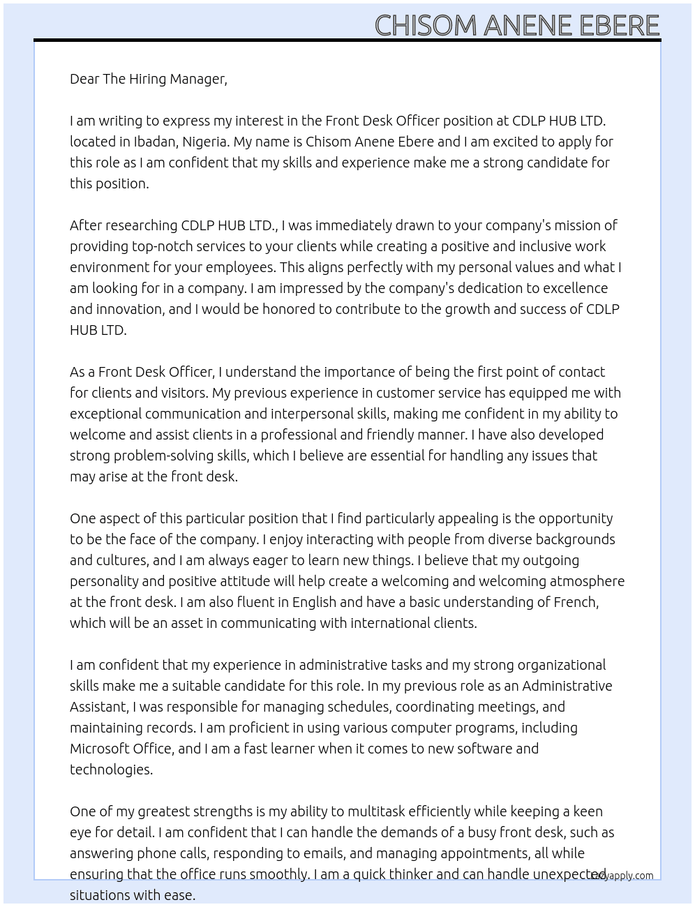 FRONT DESK OFFICER At CDLP HUB LTD. Cover Letter