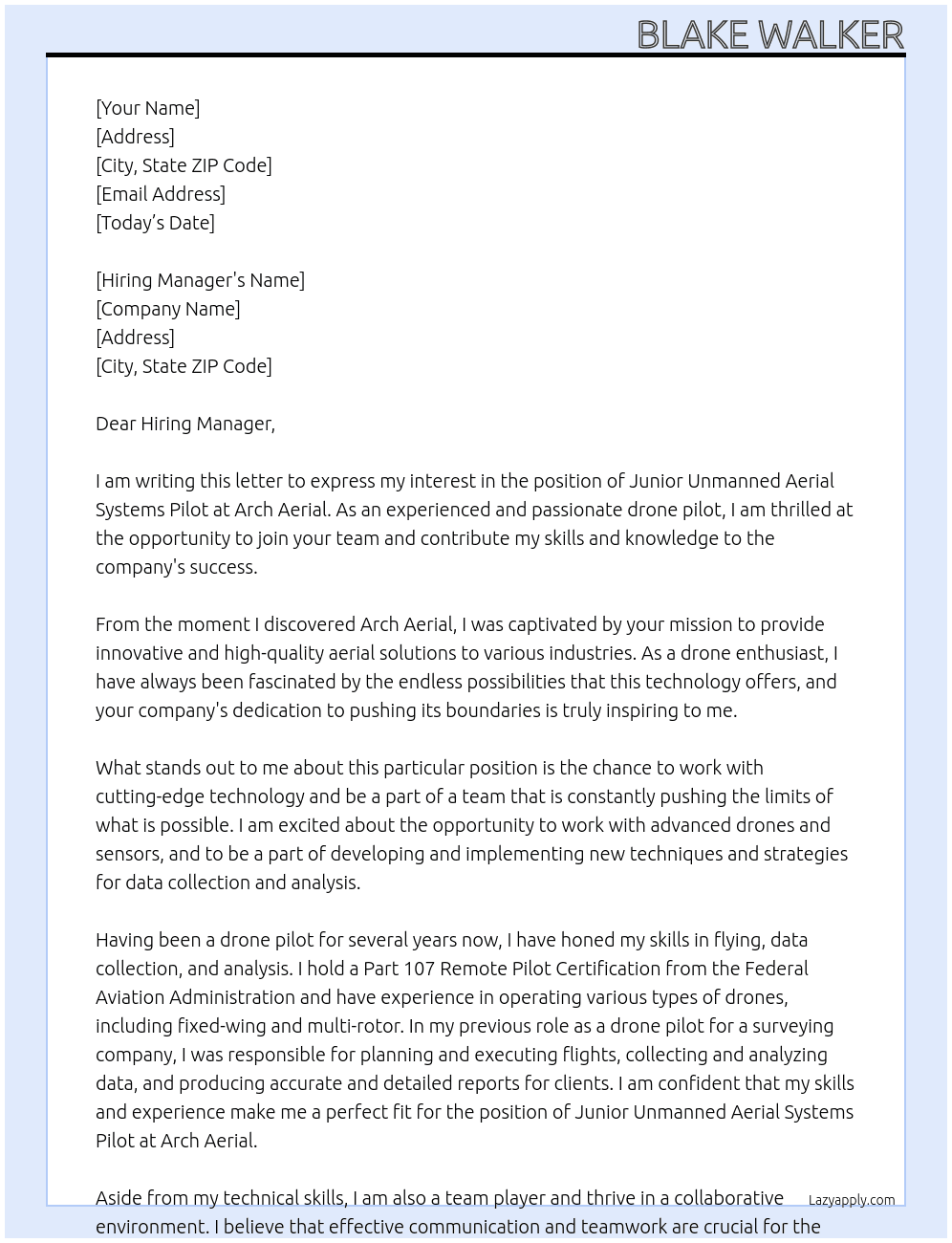 Junior Unmanned Aerial Systems Pilot At Arch Aerial Cover Letter