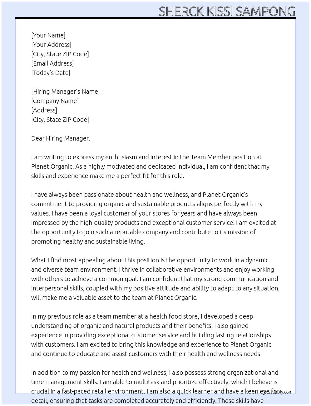 Team Member At Planet Organic Cover Letter