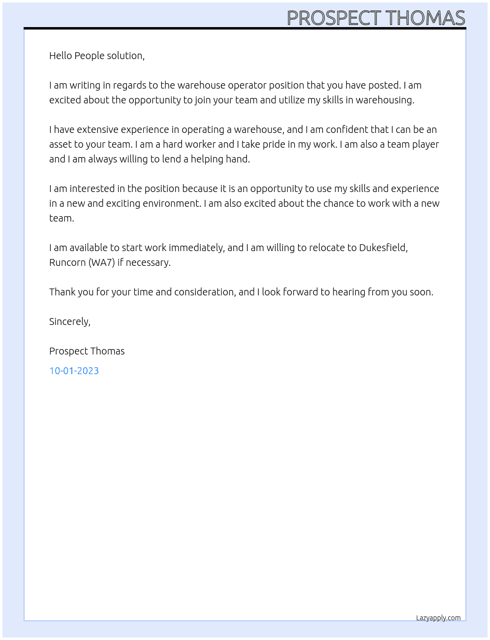 Warehouse operator At People solution  Cover Letter