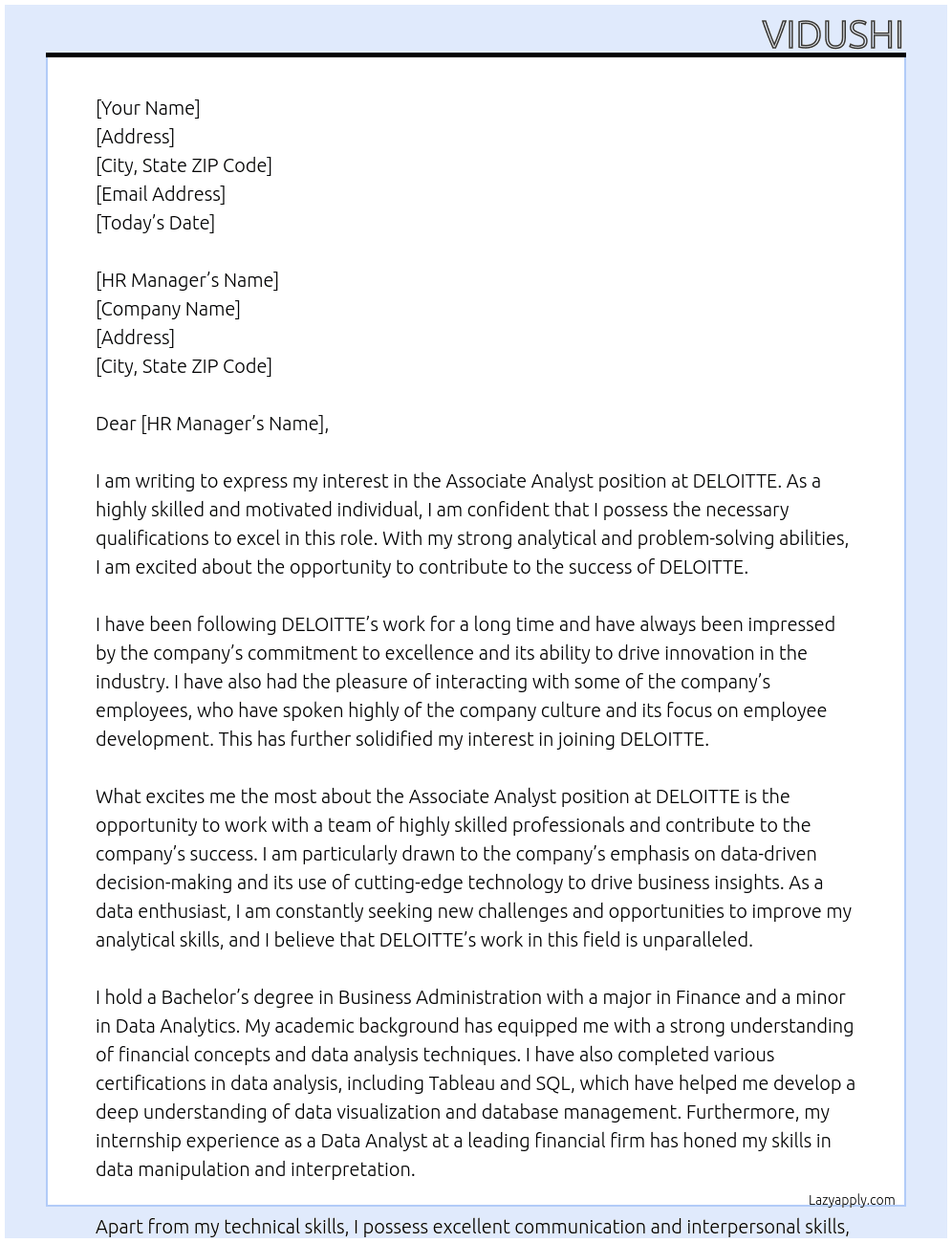 Associate Analyst At DELOITTE Cover Letter