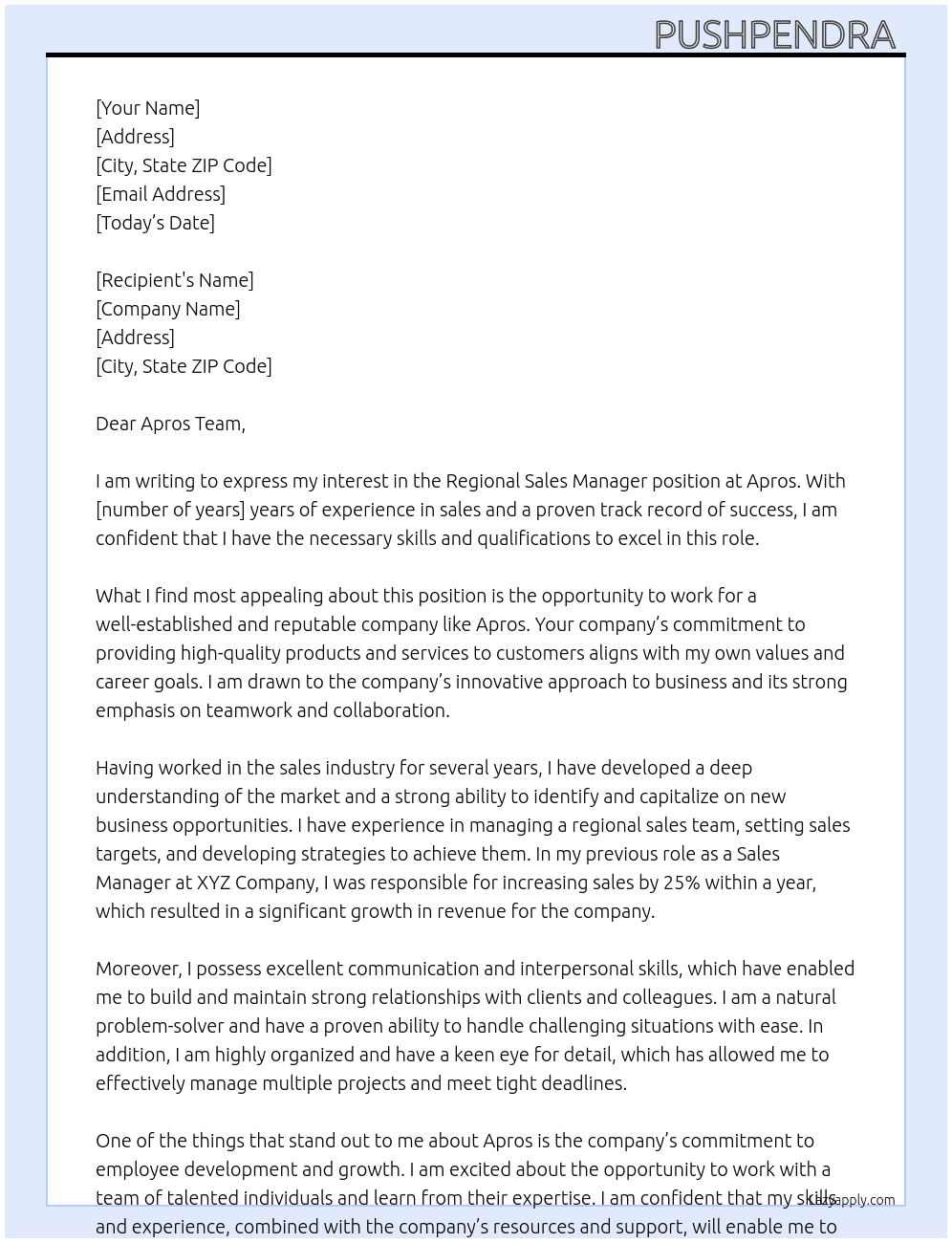 regional sales manager At Apros Cover Letter