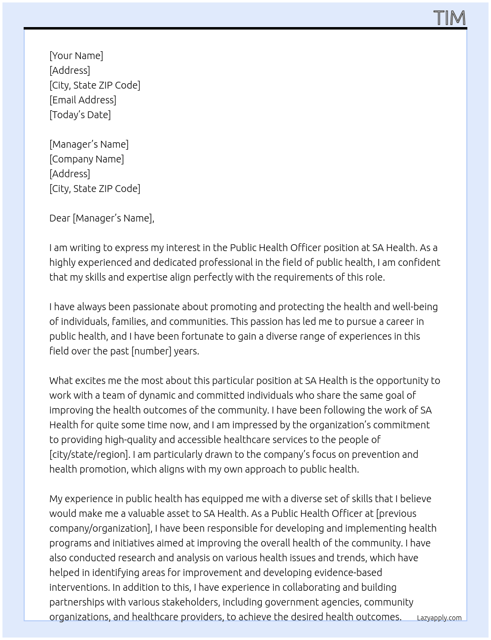 Public Health Officer At SA Health Cover Letter