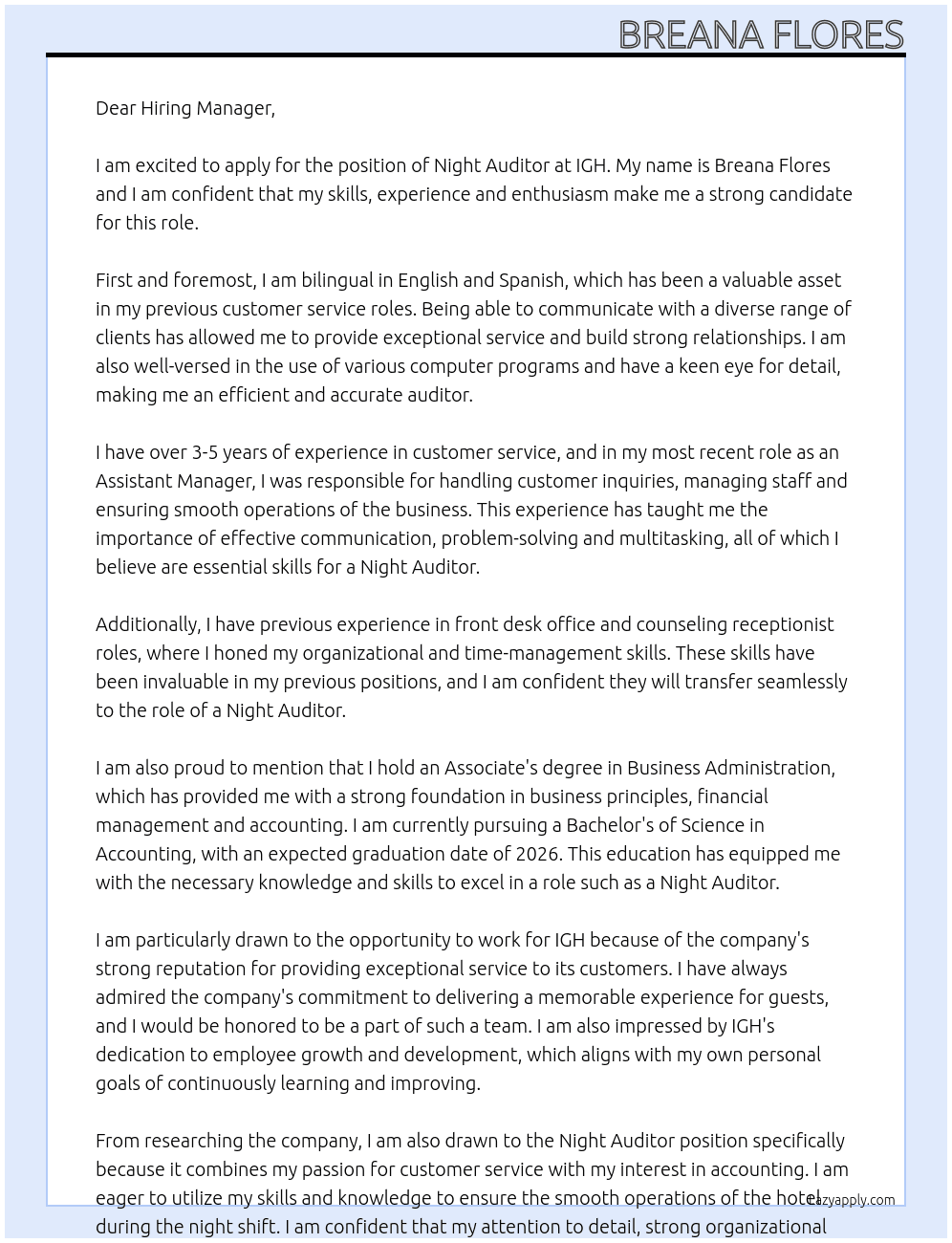Night Auditor  At IGH Cover Letter