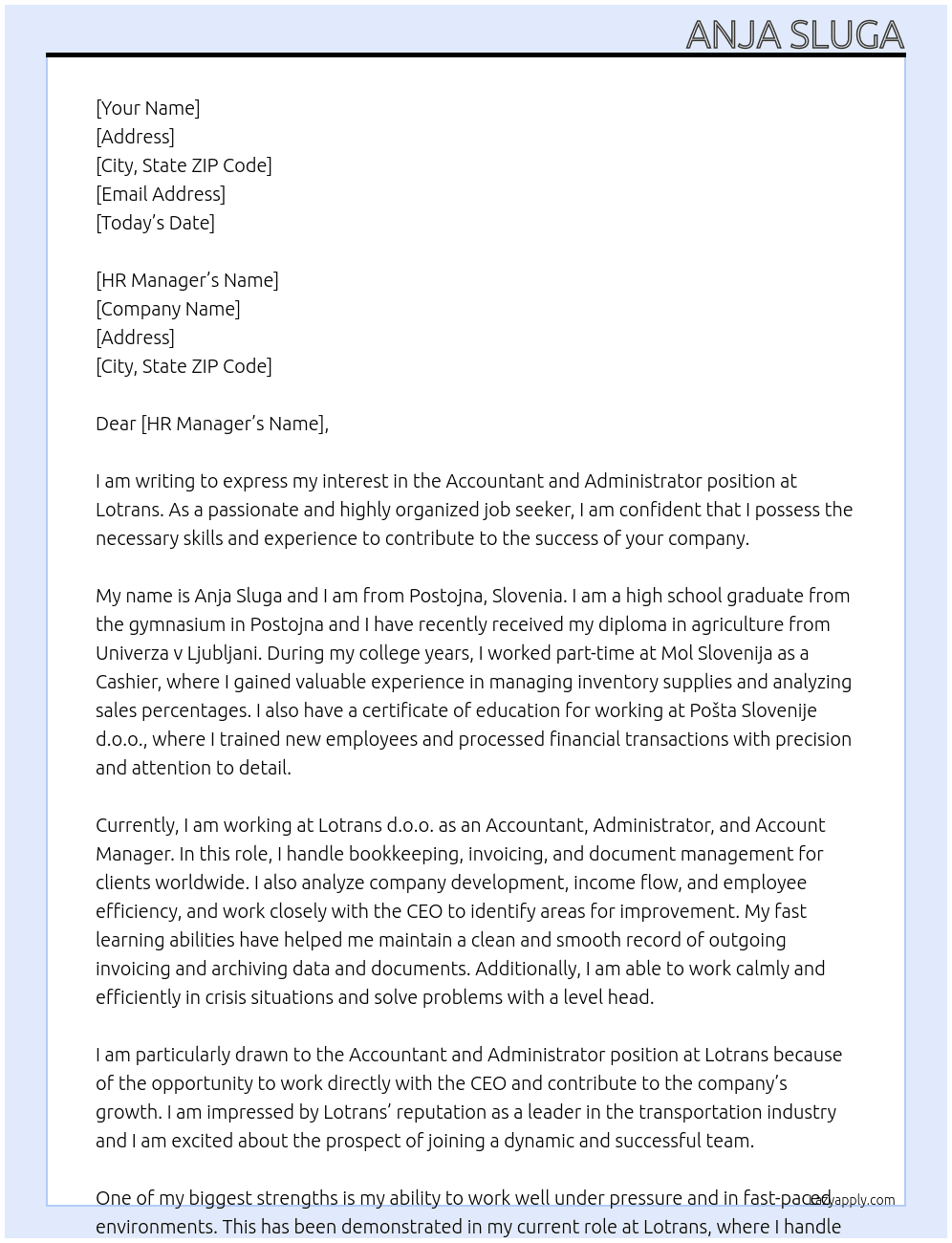 Acountant, administrator At Lotrans Cover Letter