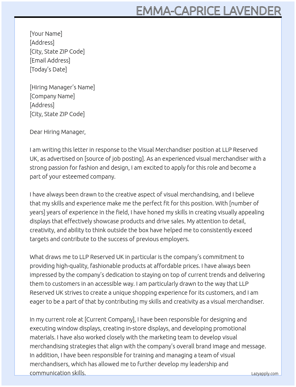 visual merchandiser At LLP Reserved UK Cover Letter