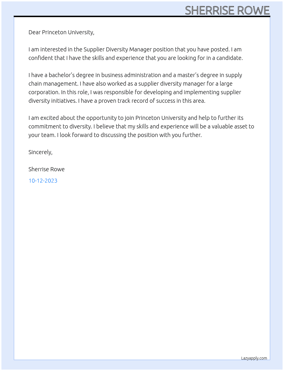 Supplier Diverity Manager  At Princeton University Cover Letter