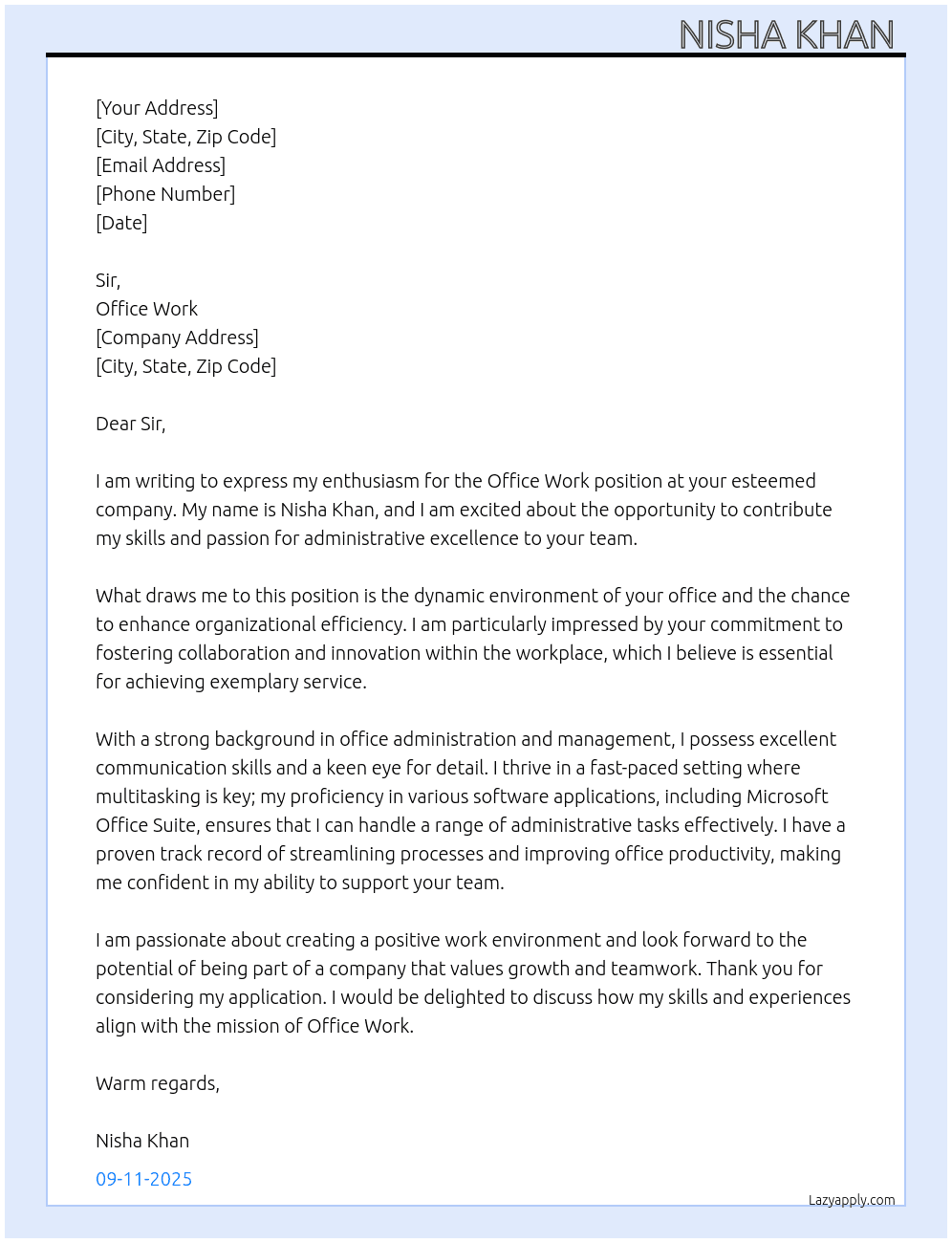 Office work  At Office work  Cover Letter