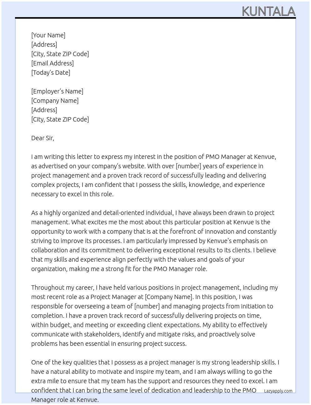 PMO Manager At kenvue Cover Letter