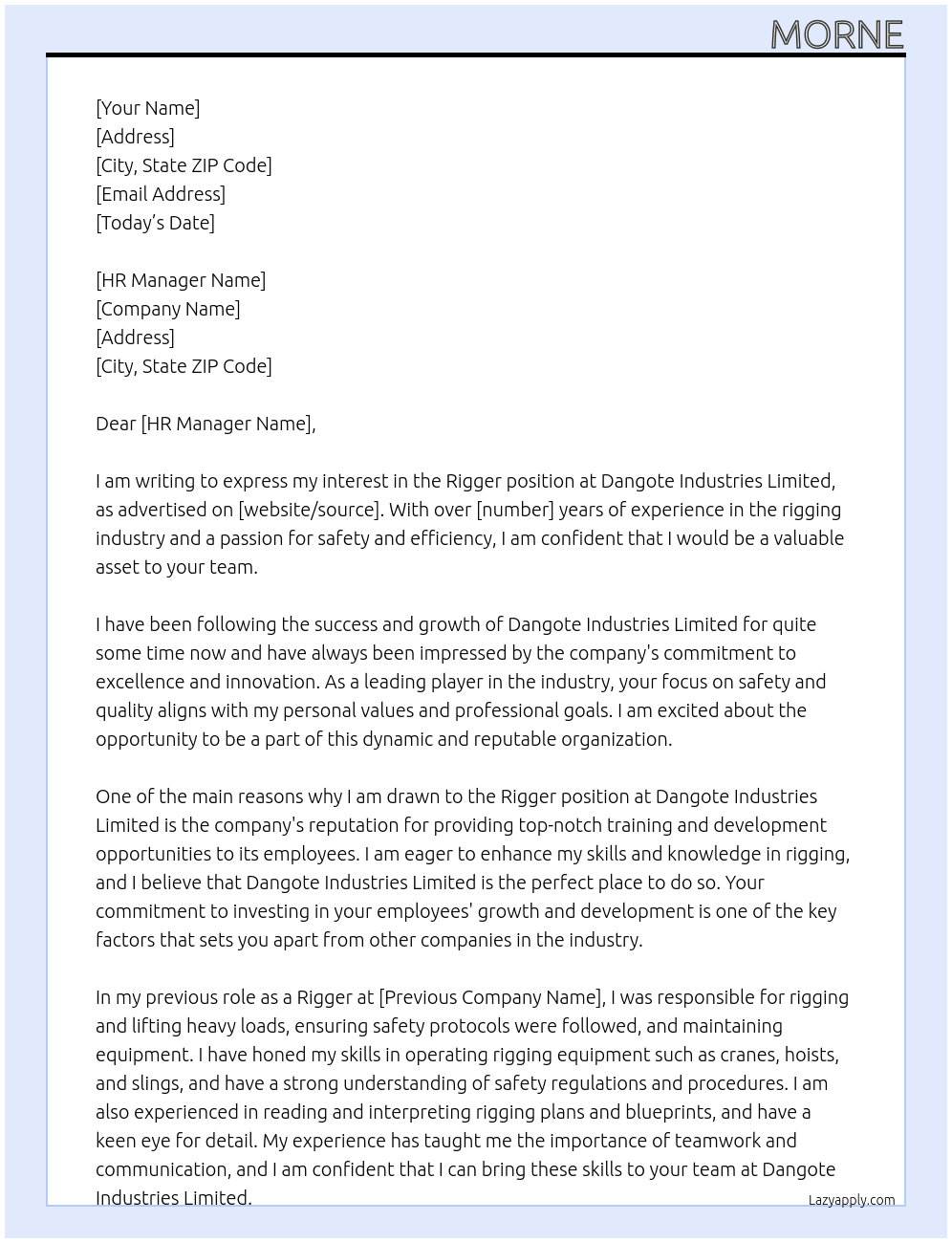 Rigger  At Dangote Industries Limited Cover Letter