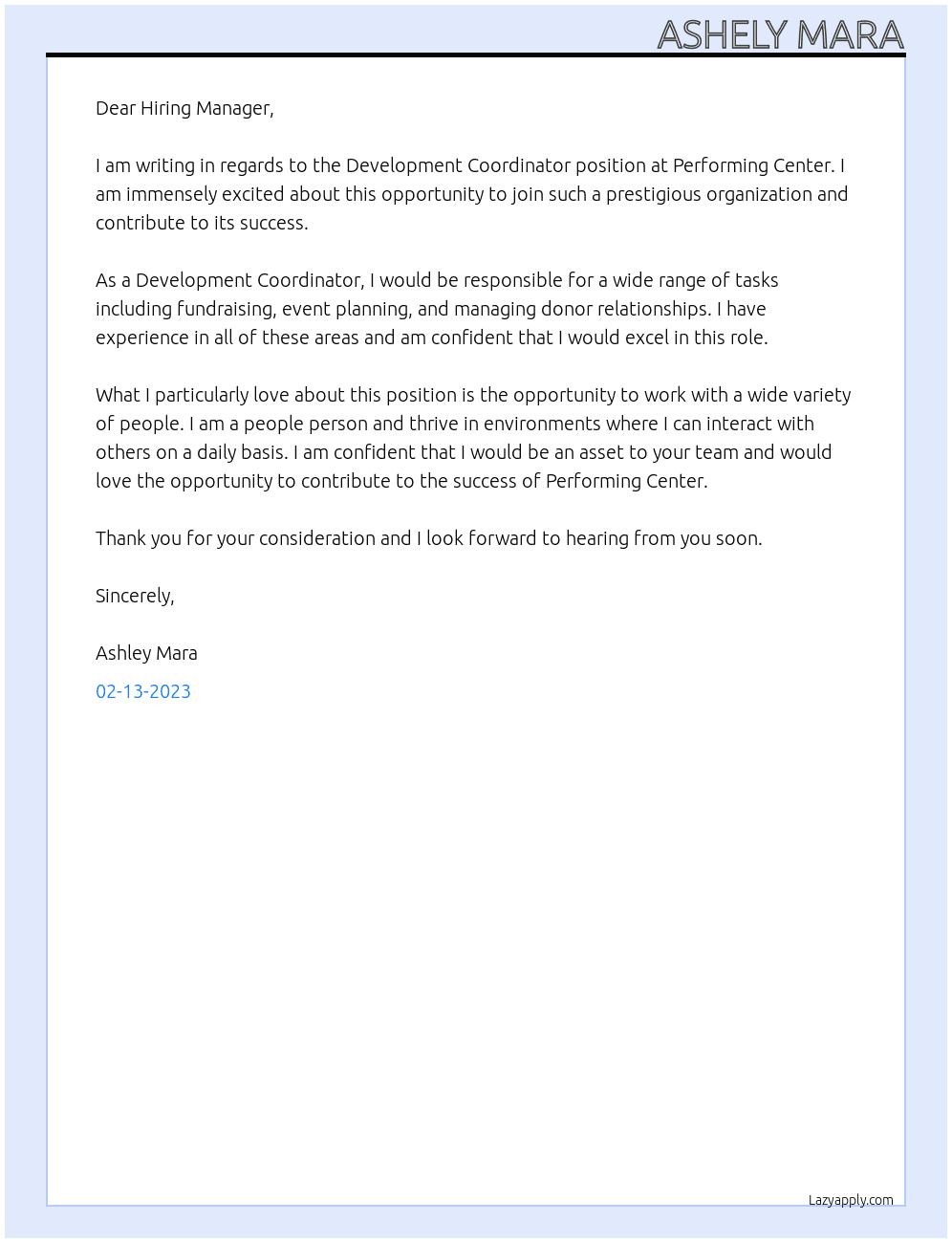 Development Coordinator At Performing Center Cover Letter