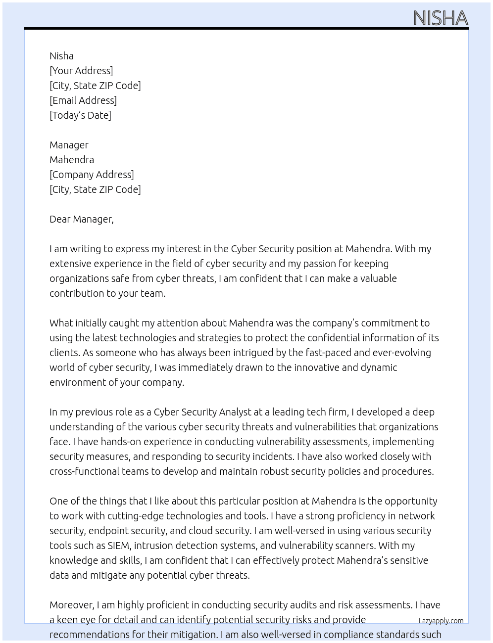 Cyber security  At Mahendra  Cover Letter