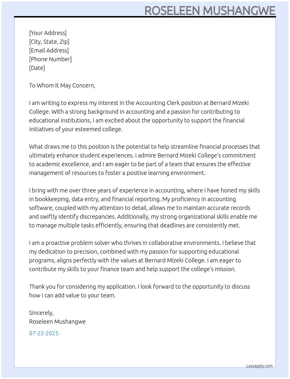 Accounting clerk At Bernard Mizeki College Cover Letter