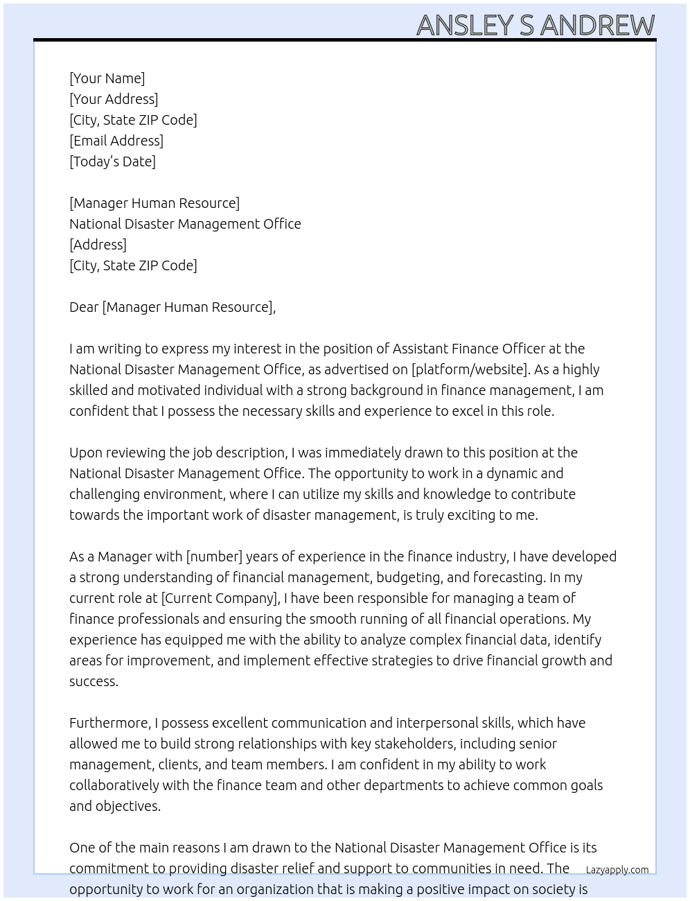 Assistant Finance Officer  At National Disaster Management Office Cover Letter