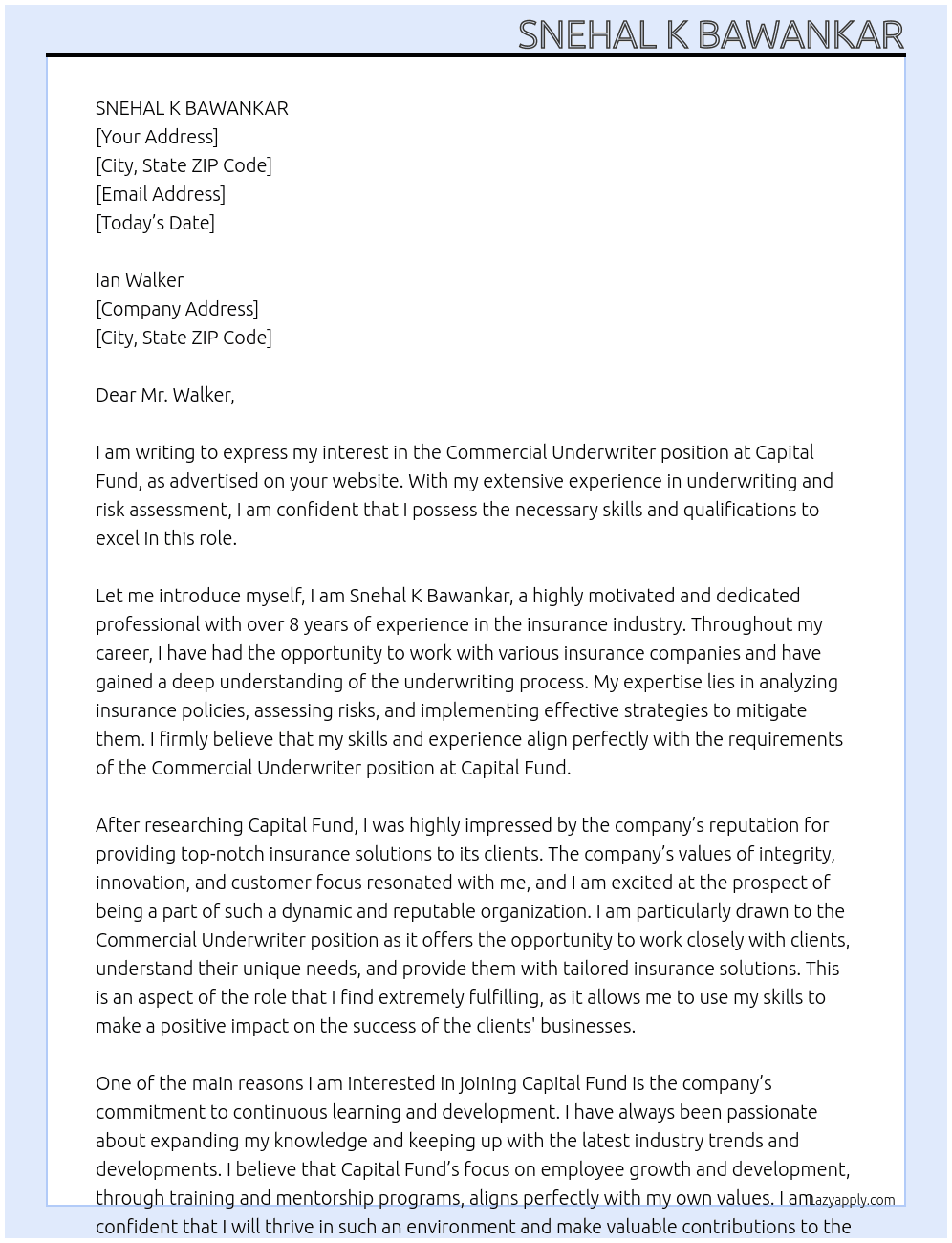 Commercial Underwriter At Capital Fund  Cover Letter