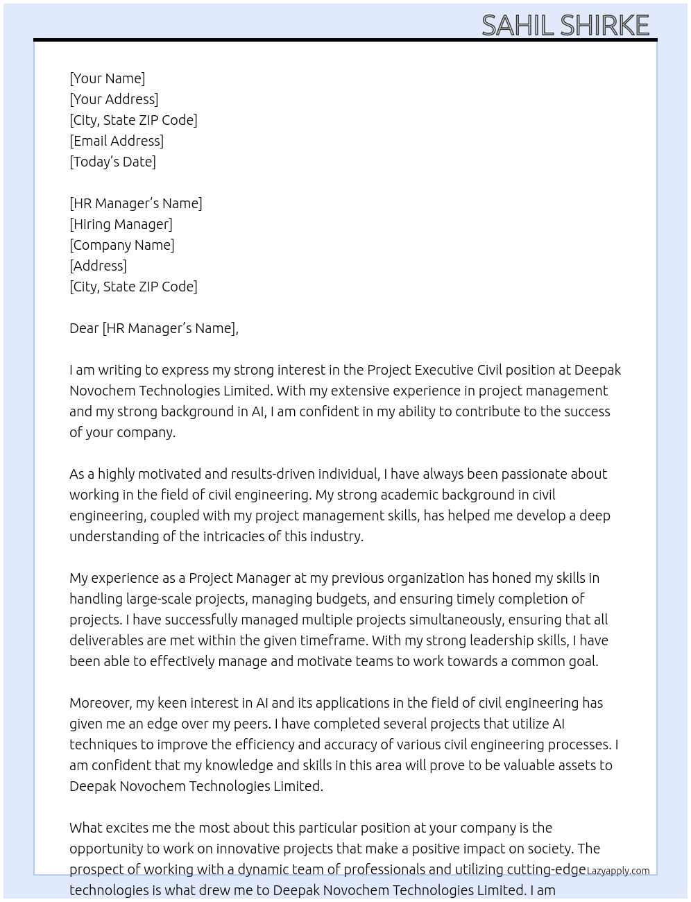Project executive civil At Deepak Novochem Technologies Limited  Cover Letter