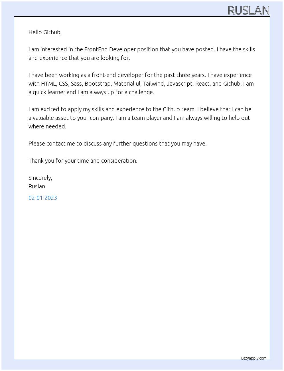 FrontEnd Developer At Github Cover Letter