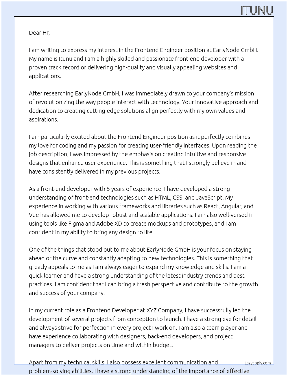Frontend engineer At EarlyNode GmbH Cover Letter