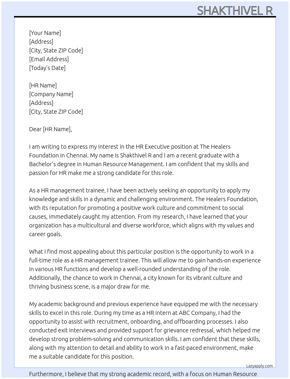 HR executive  At The Healers foundation  Cover Letter