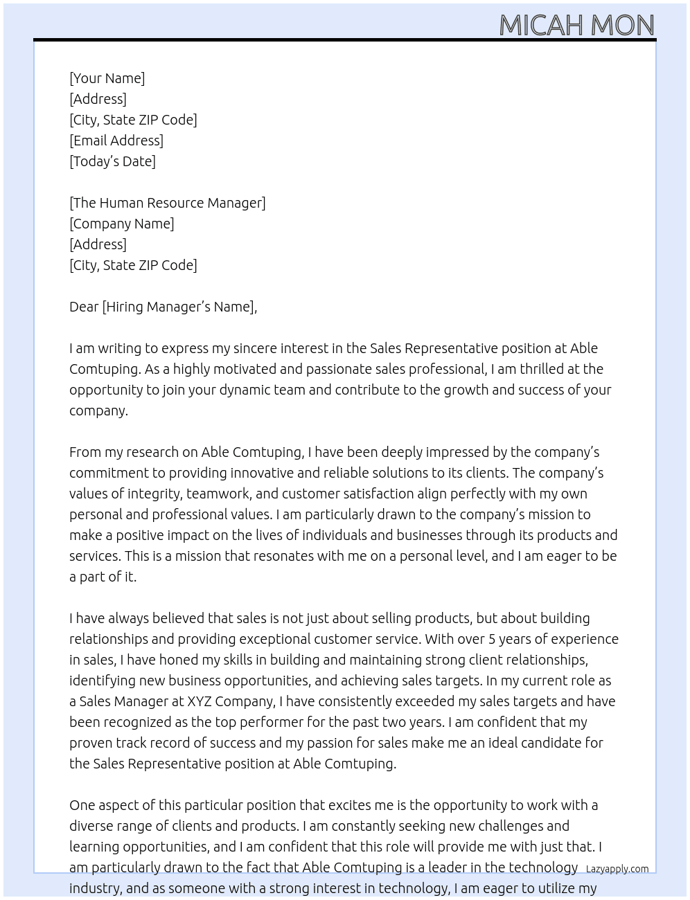 Sales Representative  At Able Comtuping Cover Letter
