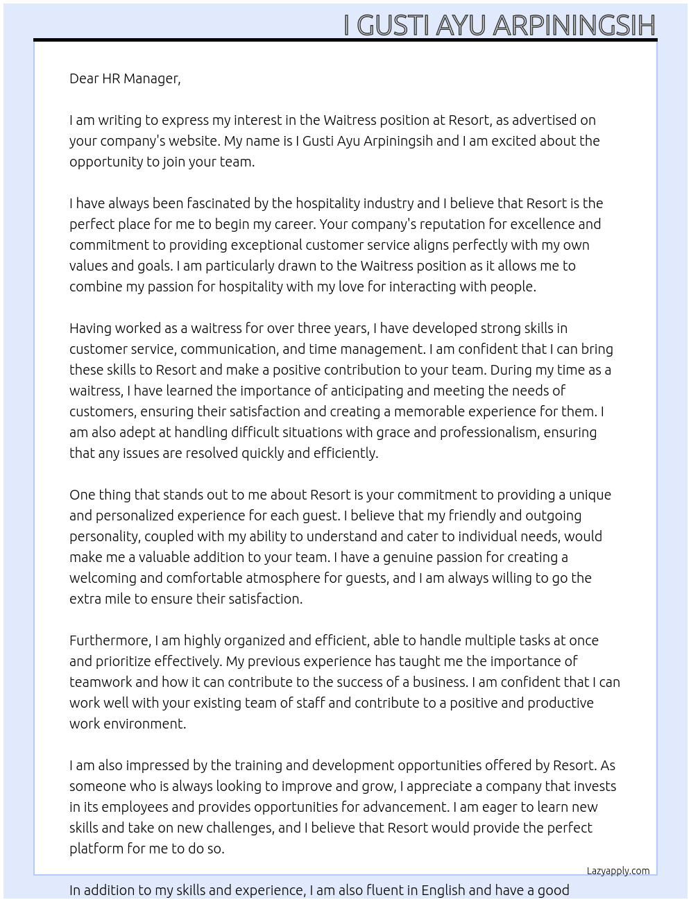Waitress At Resort Cover Letter