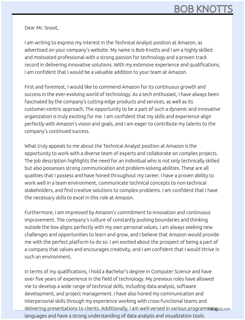 technical analyst At amazon Cover Letter