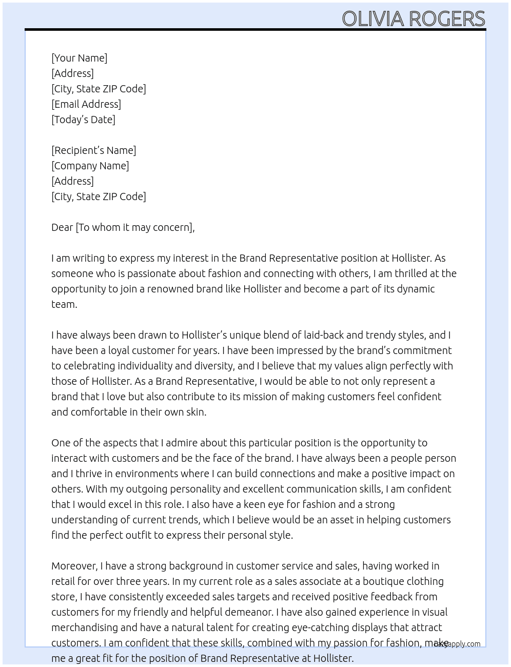 Brand Representative At Hollister Cover Letter