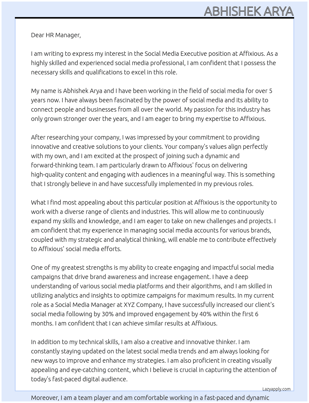 Social media executive  At Affixious Cover Letter