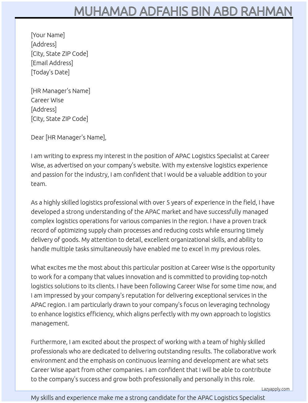APAC Logistics Specialist At Career wise Cover Letter