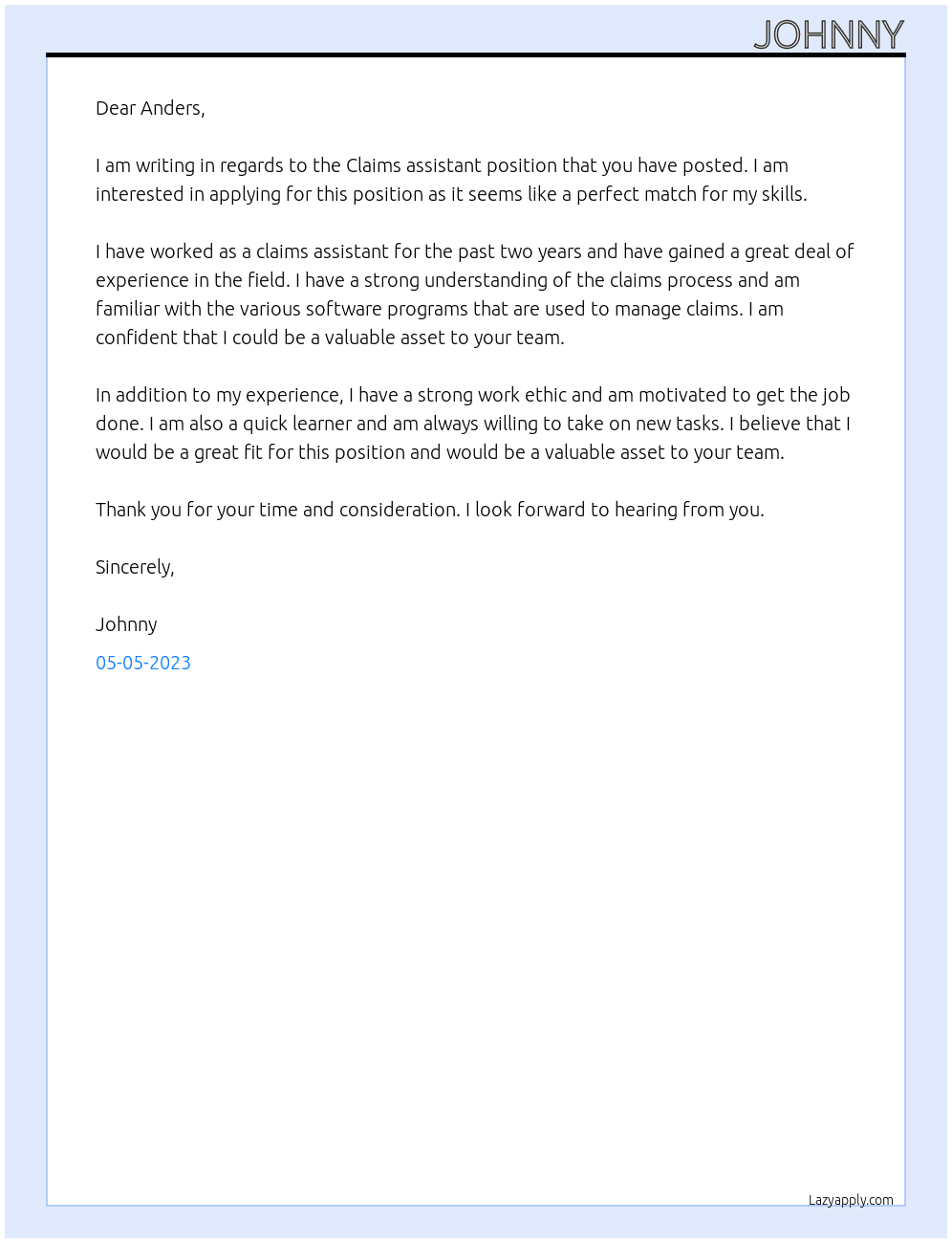 Claims assistant  At Gotheburg RoRo Terminal Cover Letter