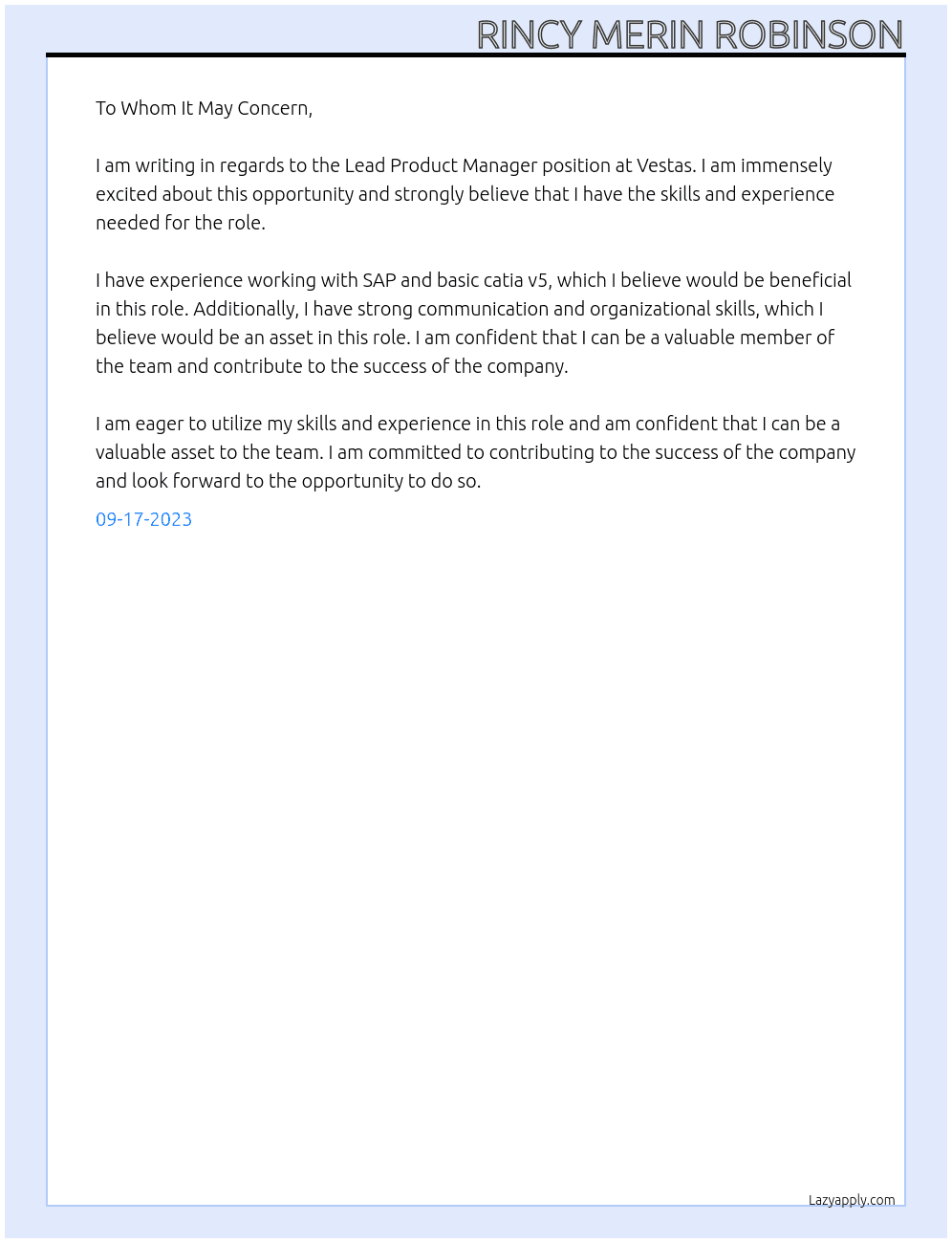 LEAD PRODUCT MANAGER At VESTAS Cover Letter