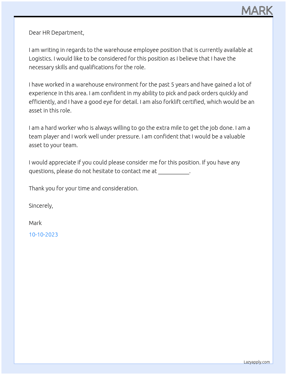 Warehouse employee  At Logistics Cover Letter